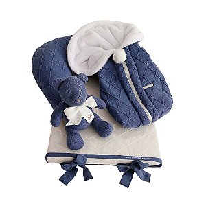 Kit Primeiros Momentos - 4 Peças Em Tricot - Tricot / Trama Losango - Azul Marinho Tirreno