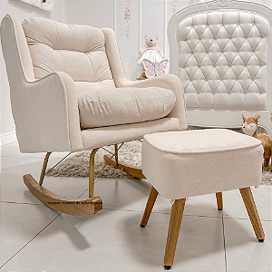 Poltrona De Amamentação Maju - Com Balanço - Pés Dourados - Com Puff - Boucle Bege Natural TB 620