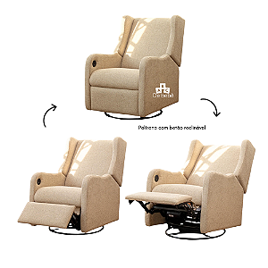 Poltrona De Amamentação Jazz - Reclinável Elétrica + USB- Com Balanço e Giro - Tecido Soft Bouclê Bege Escuro