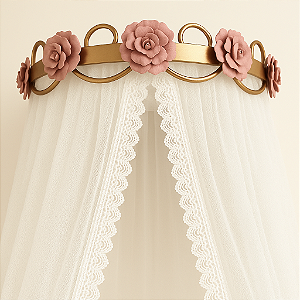 Dossel Mosquiteiro De Parede - 2 Peças - Flores Douradas