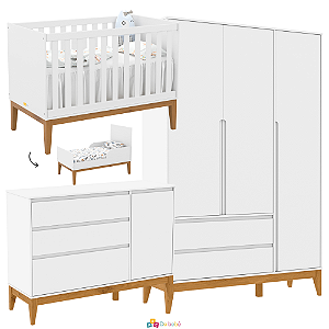 Quarto Completo - Unique + Nature - Berço Unique + Cômoda Com Porta + Roupeiro 3 Portas - Branco / Ecco Wood