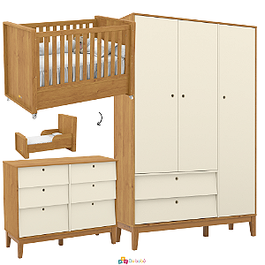 Quarto Completo - Tutto + Unique - Berço 2 em 1 + Cômoda 6 Gavetas Unique + Roupeiro 3 Portas Unique - Off White / Freijo / Ecco Wood