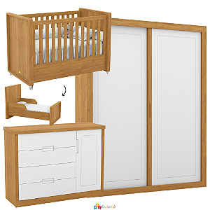 Quarto Completo - Tutto New - Berço + Cômoda com Porta + Roupeiro 2 Portas de Correr - Branco / Freijo