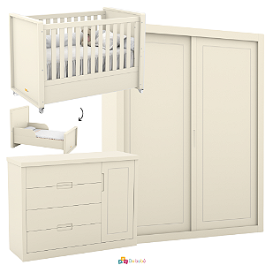 Quarto Completo - Tutto New - Berço + Cômoda Com Porta + Roupeiro 2 Portas de Correr - Off White