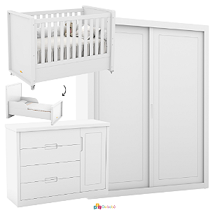 Quarto Completo - Tutto New - Berço + Cômoda Com Porta + Roupeiro 2 Portas de Correr - Branco Soft