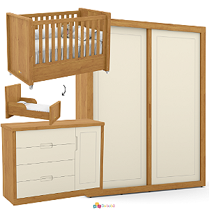 Quarto Completo - Tutto New - Berço + Cômoda Com Porta + Roupeiro 2 Portas de Correr - Off White / Freijó