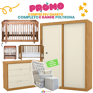 Quarto Completo - Lola + Tutto - Berço Lola 3 em 1 + Cômoda com Porta + Roupeiro 2 Portas de Correr - Off White / Freijó
