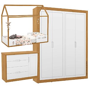 Quarto Completo - Liv + Tutto - Cama Montessoriana + Cômoda com Porta + Roupeiro 4 Portas - Branco / Freijó