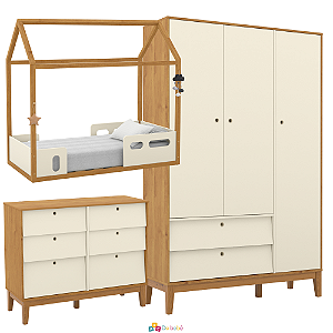 Quarto Completo - Liv + Unique - Mini Cama Montessoriana + Cômoda 6 Gavetas + Roupeiro 3 Portas - Off White / Freijó