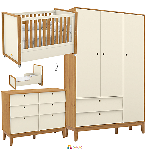 Quarto Completo - Tutto + Unique - Berço Tutto 2 em 1 + Cômoda 6 Gavetas Unique + Roupeiro Unique 3 Portas - Off White / Freijó