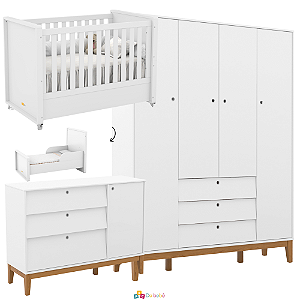Quarto Completo - Tutto + Unique - Berço 2 em 1 + Cômoda 3 Gavetas E 1 Porta + Roupeiro 4 Portas - Branco / Eco Wood