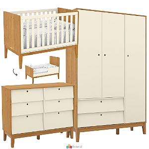 Quarto Completo - Unique - Berço + Cômoda 6 Gavetas Unique + Roupeiro 3 Portas Unique - Off White / Freijo / Ecco Wood