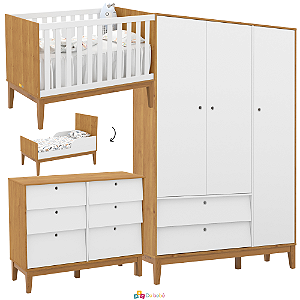 Quarto Completo - Unique - Berço + Cômoda 6 Gavetas Unique + Roupeiro 3 Portas Unique - Branco / Freijo / Ecco Wood