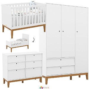 Quarto Completo - Unique - Berço + Cômoda 6 Gavetas Unique + Roupeiro 3 Portas Unique - Branco / Ecco Wood