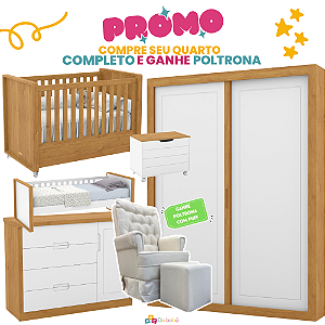 Quarto Completo Tutto - Berço + Cômoda Com Porta + Roupeiro 2 Portas + Baú + Cama babá + BRINDE: Poltrona Sonhos com Puff e Balanço: Tecido Suede Bege