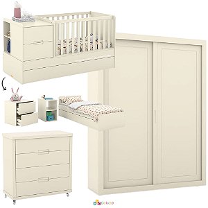 Quarto Completo - Berço Formare + Gaveteiro Tutto + Roupeiro 2 Portas de Correr Tutto - Off White