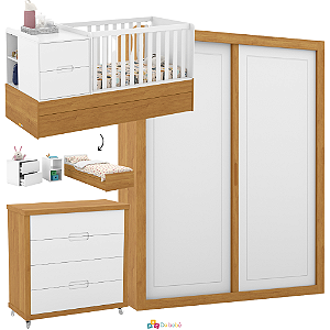 Quarto Completo - Berço Formare + Gaveteiro Tutto + Roupeiro 2 Portas de Correr Tutto - Branco / Freijo