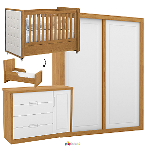 Quarto Completo - Berço Tutto Com Capitone + Cômoda Tutto + Roupeiro 2 Portas de Correr Tutto - Branco / Freijo