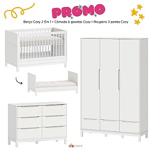 Quarto Completo - Cozy - Berço 2 Em 1 + Cômoda 6 Gavetas + Roupeiro 3 Portas - Branco Fosco