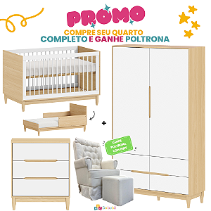 Quarto Completo - Tomi - Berço + Cômoda 3 Gavetas + Roupeiro 2 Portas - Branco / Carvalho