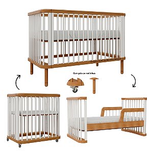 Berço Joy - Evolutivo - 3 em 1 - Branco / Madeira