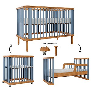 Berço Joy - Evolutivo - 3 em 1 - Azul Sereno / Madeira