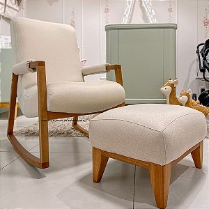 Poltrona De Amamentação Nature - Com Balanço - Com Puff - Tecido 226B - Linho Bege - prontaentrega
