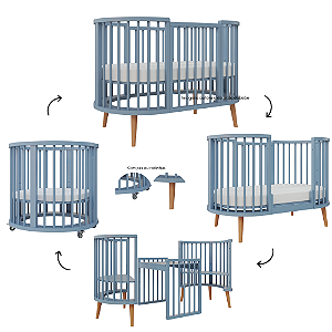 Berço Sonhos Redondo / Oval - 4 em 1 - Azul Sereno / Jequitiba