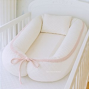 Ninho Básico + Travesseiro - Malha Jaquard Branco / Cordão Tricot Rosa Pastel