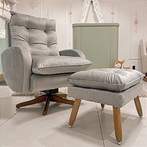 Poltrona De Amamentação Clarisse - Com Balanço e Giro - Com Puff Pé Palito - 122 - Veludo Cinza