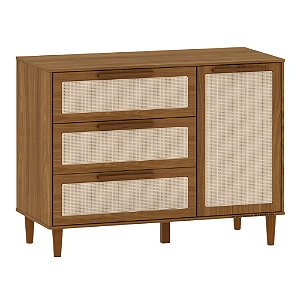 Cômoda Paglia Pro - 3 Gavetas - 1 Porta - Com Detalhes em Rattan e Madeira - Nogueira