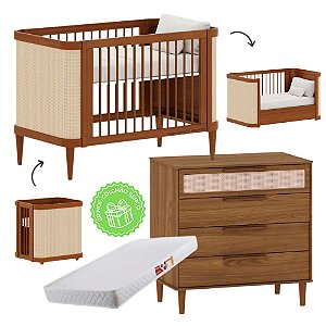 Conjunto - Berço 3 Em 1 + Cômoda Paglia Pro 4 Gavetas - Nogueira