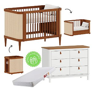 Conjunto - Berço 3 Em 1 Paglia + Cômoda 6 Gavetas Com Tampo Nogueira Cromo - Nogueira