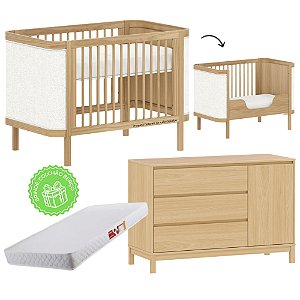 Conjunto - Berço 2 Em 1 + Cômoda 3 Gavetas E 1 Porta Soley - Carvalho Malva