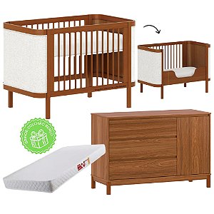Conjunto - Berço 2 Em 1 + Cômoda 3 Gavetas E 1 Porta Soley - Nogueira