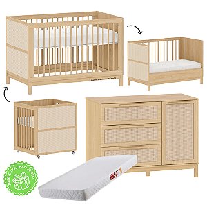 Conjunto - Berço Indy Em 1 + Cômoda 3 Gavetas E 1 Porta Indy - Carvalho Malva