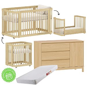 Conjunto - Berço Evolutivo 3 em 1 + Cômoda 3 Gavetas E 1 Porta Soley - Carvalho Malva