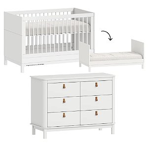 Conjunto - Berço Cozy 2 em 1 + Cômoda Cromo Com Puxadores Em Couro - Branco - prontaentrega