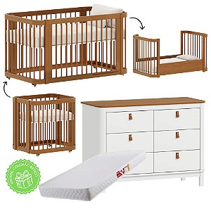 Conjunto - Berço Evolutivo 3 em 1 + Cômoda Cromo Com Puxadores Em Couro E Tampo Em Nogueira - Nogueira / Branco