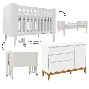 Conjunto - Berço Bo 3 Em 1 Palitado + Cômoda Nature Clean - Branco / Branco Soft
