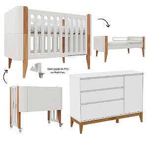 Conjunto - Berço Bo 3 Em 1 Palitado + Cômoda Nature Clean - Branco Com Madeira / Branco Soft
