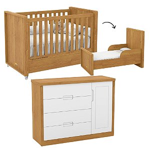 Conjunto - Berço Tutto 2 Em 1 + Cômoda Tutto - Freijó / Freijó Branco Soft