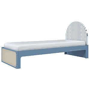 Cama Skandi Com Cabeceira Estofada - Sarja Listra Anis / Azul Sereno