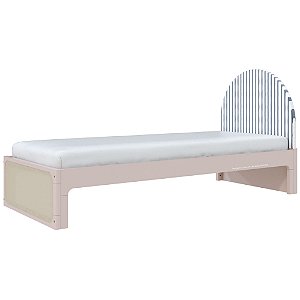 Cama Skandi Com Cabeceira Estofada - Sarja Listra Anis / Rosa Old