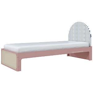 Cama Skandi Com Cabeceira Estofada - Sarja Listra Anis / Rose