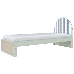 Cama Skandi Com Cabeceira Estofada - Sarja Listra Anis / Verde Old