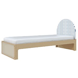 Cama Skandi Com Cabeceira Estofada - Sarja Listra Azul Sereno / Capuccino