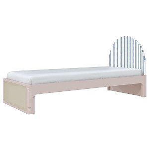 Cama Skandi Com Cabeceira Estofada - Sarja Listra Azul Sereno / Rosa Old