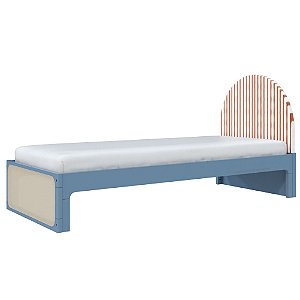 Cama Skandi Com Cabeceira Estofada - Sarja Listra Páprica / Azul Sereno