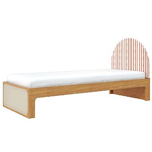 Cama Skandi Com Cabeceira Estofada - Sarja Listra Páprica / Madeira